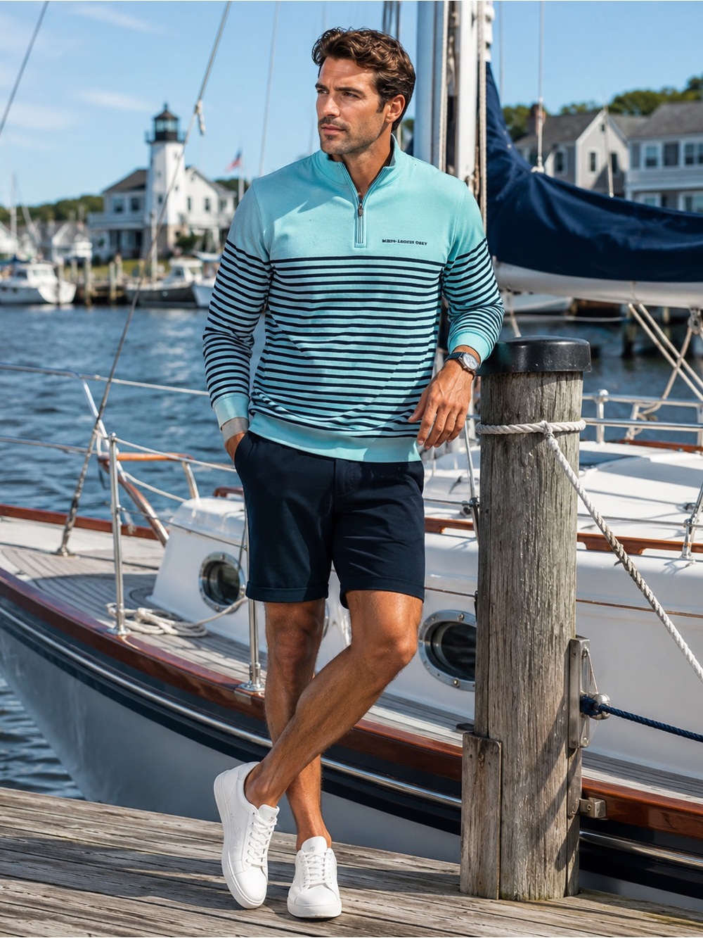 NWT Southern Tide Shoreline Blue Front Street Stripe Quarter Zip Pullover Mens M